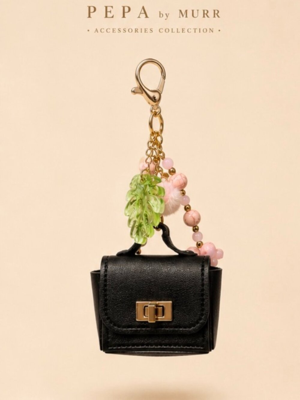 Black Mini Handbag Keychain with Detachable Beaded Bracelet